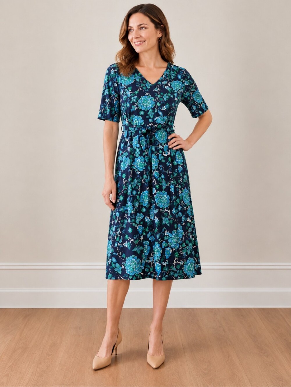 Charter Club Blue & Green Botanical on Navy Midi Dress A-line V-Neck Size PP